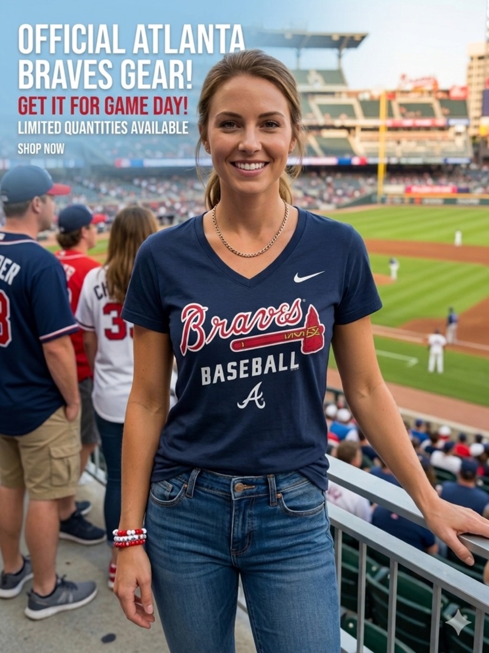 NIKE Women's Atlanta Braves Navy Blue V-Neck T-Shirt Size Small Slim Fit